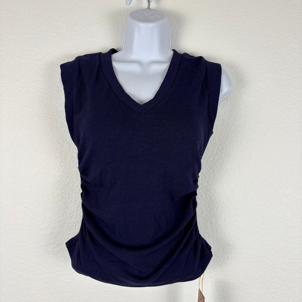 OGL Stretch COtton V Neck Side Ruched Muscle Bra Sleeveless Top Navy Medium New